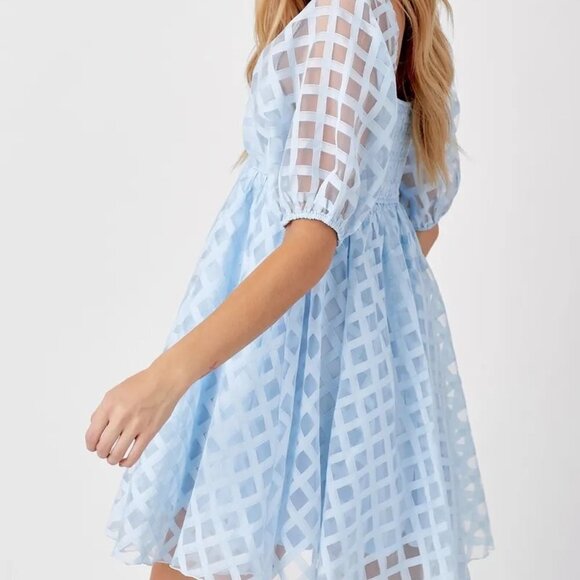 Baby Blue Checkered Puff Sleeve Mini Dress - Picture 3 of 8
